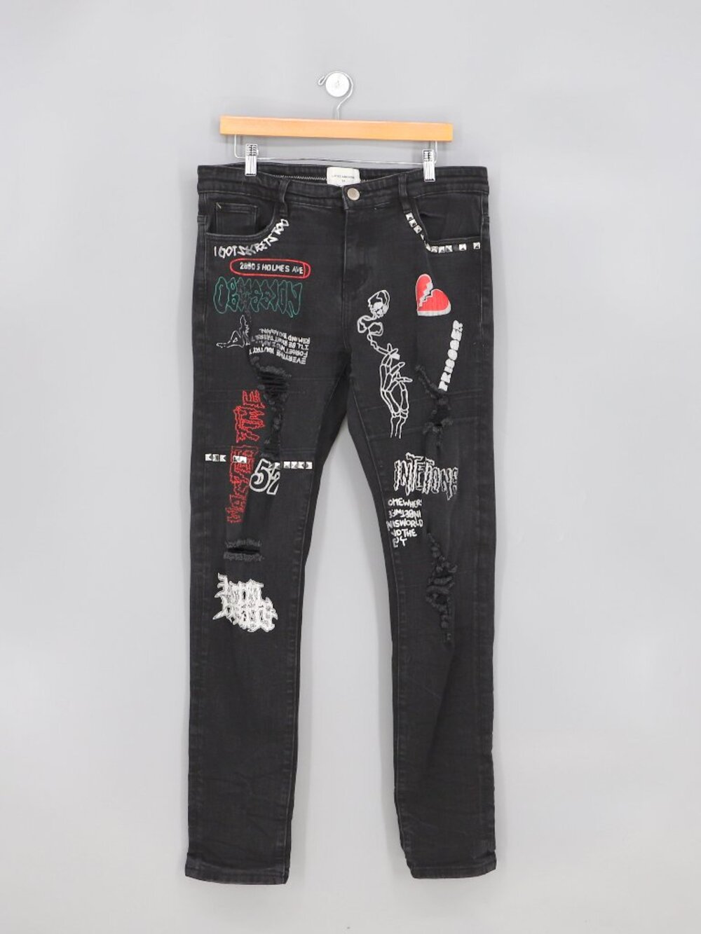 LIFTED ANCHORS Men's Distressed Graphic Black Jeans Size 34